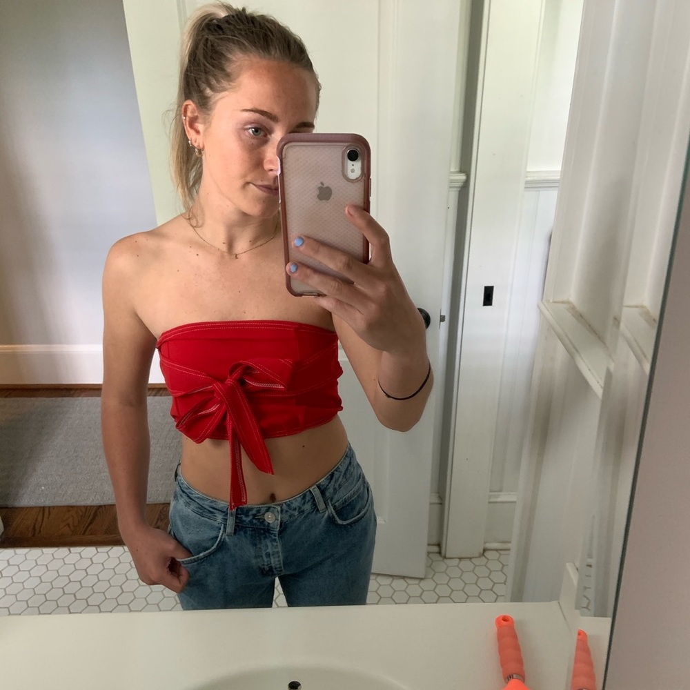 Red Bandeau Crop Top-Tie in front
